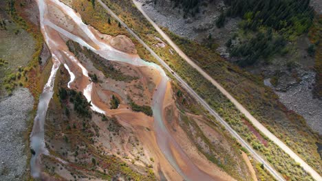 Aerial-View-of-Million-Dollar-Highway-and-Red-Mountain-Creek-Between-Silverton-and-Ouray,-Colorado-USA