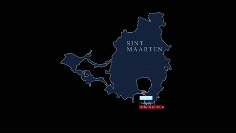 Blue-stylized-Sint-Maarten-map-with-Philipsburg-capital-city-and-geographic-coordinates-on-black-background