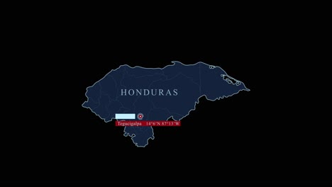 Blue-stylized-Honduras-map-with-Tegucigalpa-capital-city-and-geographic-coordinates-on-black-background