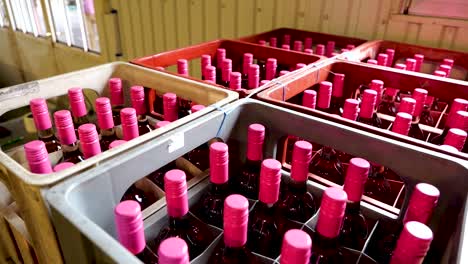 Crates-of-Red-Wine-Bottles-with-Pink-Caps-in-Vinery-Storage-Room