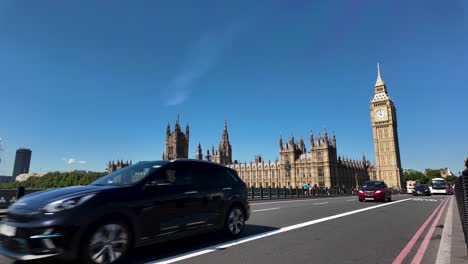 View-of-Westminster-Bridge-with-traffic,-overlooking-the-Houses-of-Parliament-and-Big-Ben-under-a-clear-blue-sky-in-London