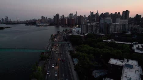 New-York's-FDR-drive-at-dusk,-4K-aerial-view
