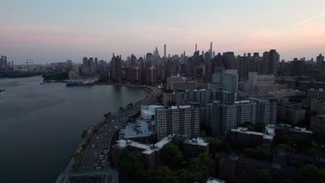 East-Harlem-at-dusk,-drone-shot,-4K