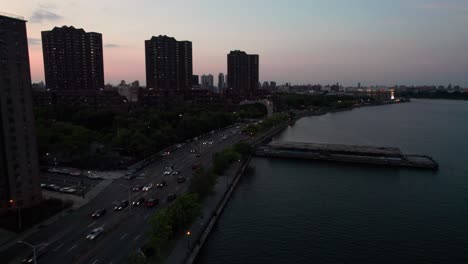 Night-traffic-on-New-York's-FDR-drive,-aerial-view