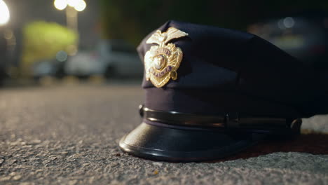 Police-hat-on-the-ground-with-flashing-lights-of-a-police-car