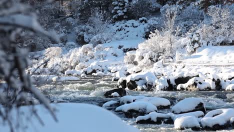 Slow-motion-static-shot-shows-snow-covered-rapids-in-a-serene,-sunny-winter-setting