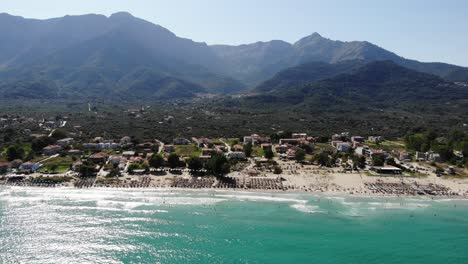 Beautiful-drone-aerial-Beach-from-Thassos-Grece-Crowded-Mountain
