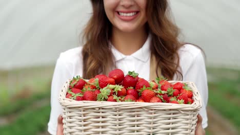 Lächelnde-Frau-Mit-Leckeren-Erdbeeren-Im-Korb.